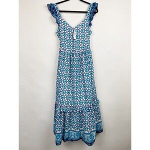 Lucky Brand Geometric Print Ruffle Strap Tiered Maxi Dress Womens Small Blue NWT